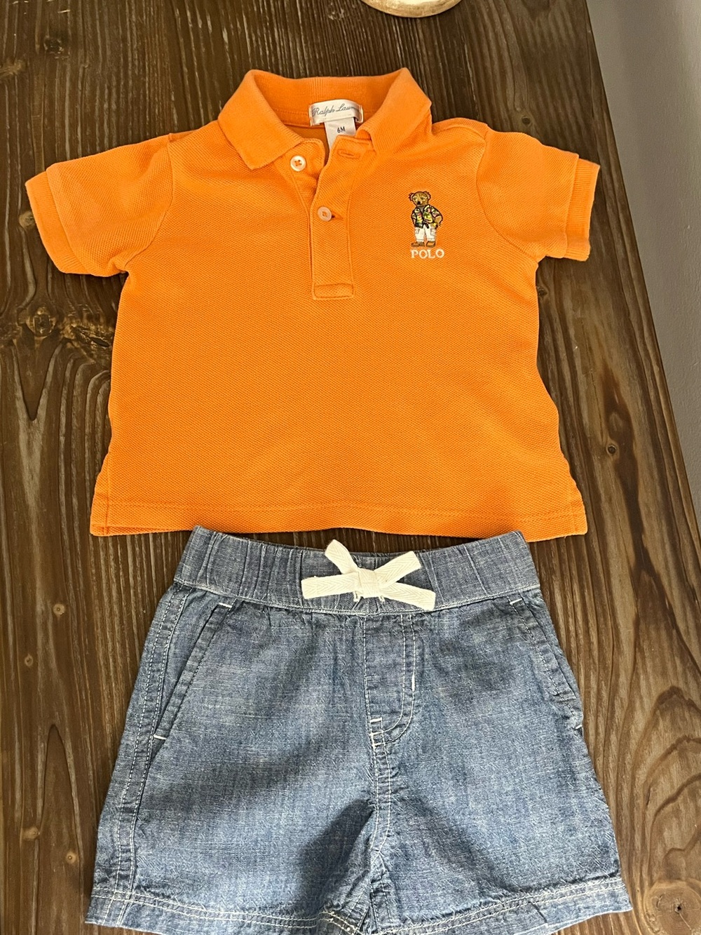Ralph Lauren 2-pc Orange Pique Polo Shirt Chambray Shorts Set Size 6 Months - Picture 5 of 10